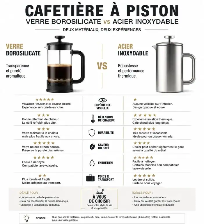 Comparatif des matériaux pour cafetière à piston : verre borosilicate vs acier inoxydable