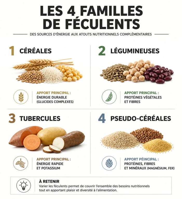 Infographie des 4 familles de féculents et leurs bienfaits nutritionnels
