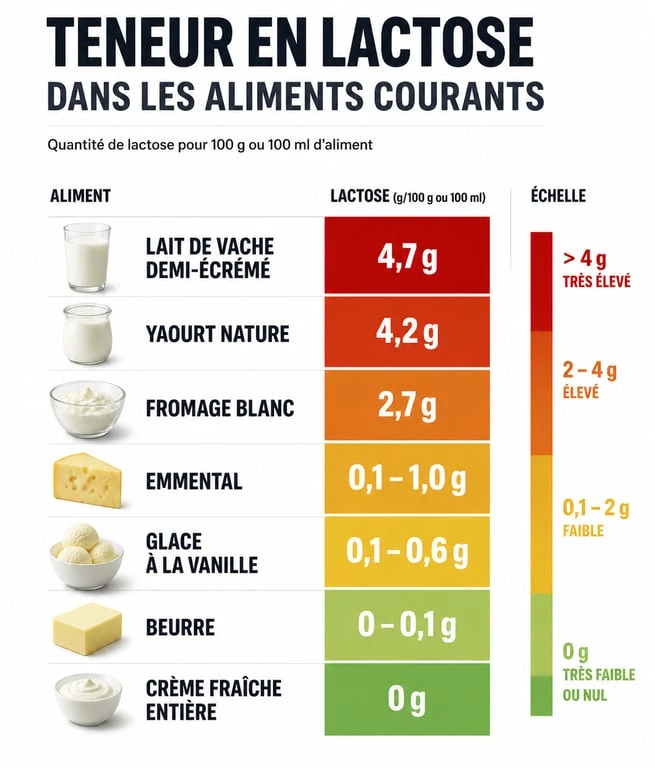 Infographie comparative des teneurs en lactose des aliments pour une alimentation sans lactose