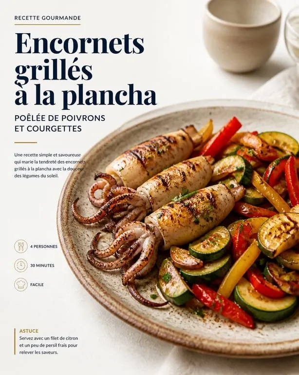 Assiette d'encornets grillés avec accompagnement de légumes méditerranéens