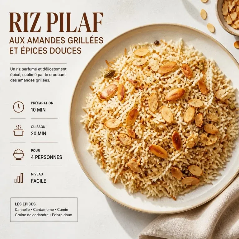 Riz en accompagnement recette : riz pilaf aux amandes grillées et épices douces dans une assiette élégante