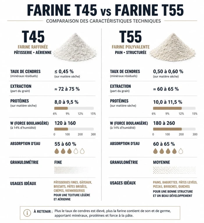 Comparatif technique entre la farine T45 et la farine T55 pour choisir la bonne farine selon la recette