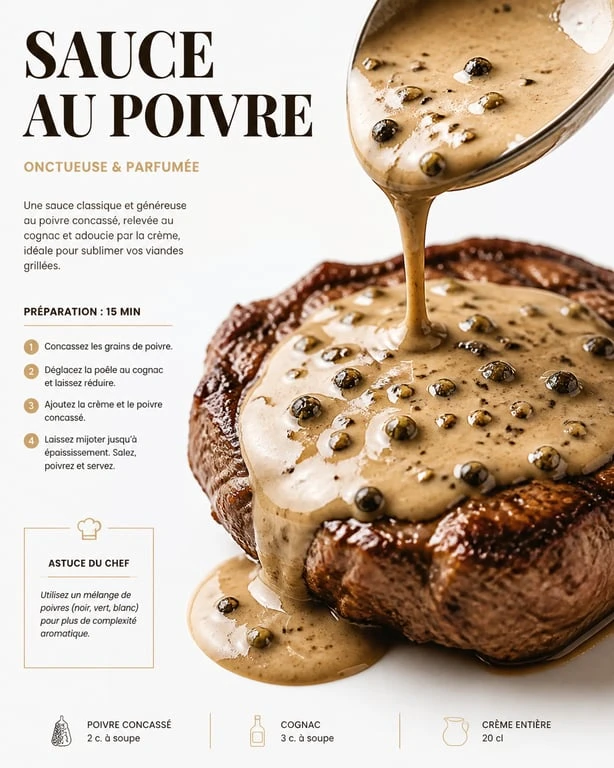 Sauce au poivre maison réalisée sans cognac, servie sur un steak grillé