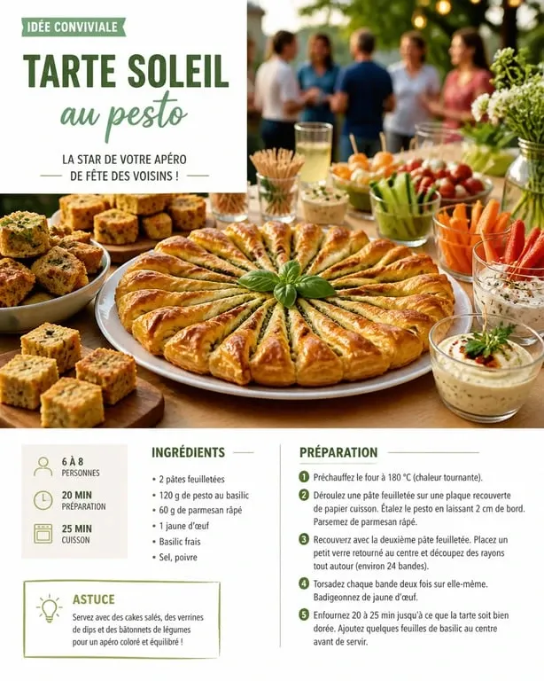 Buffet convivial pour la fête des voisins avec une tarte soleil au pesto et des plats à partager