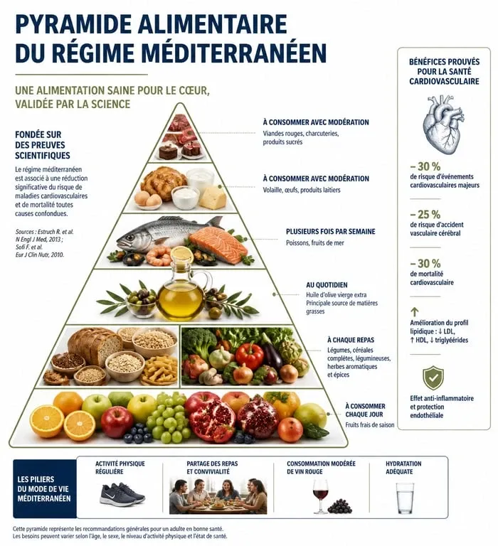 Infographie des piliers et bienfaits du régime méditerranéen pour la santé cardiovasculaire