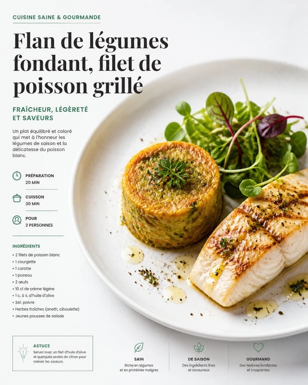 Flan de légumes accompagné de poisson et salade pour un repas équilibré