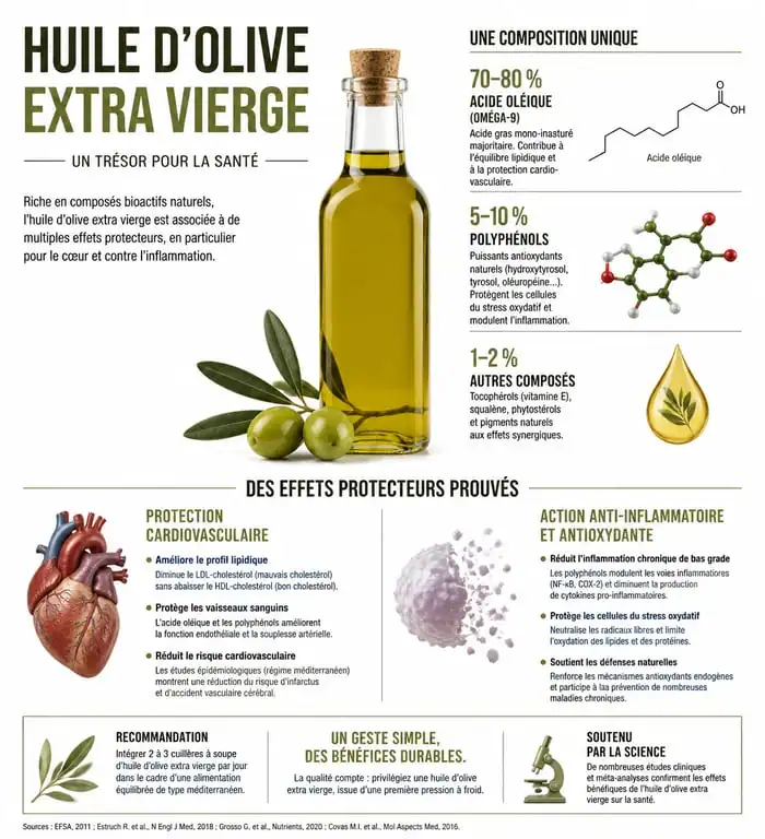Infographie sur les bienfaits de l'huile d'olive pour la santé et la protection cardiovasculaire