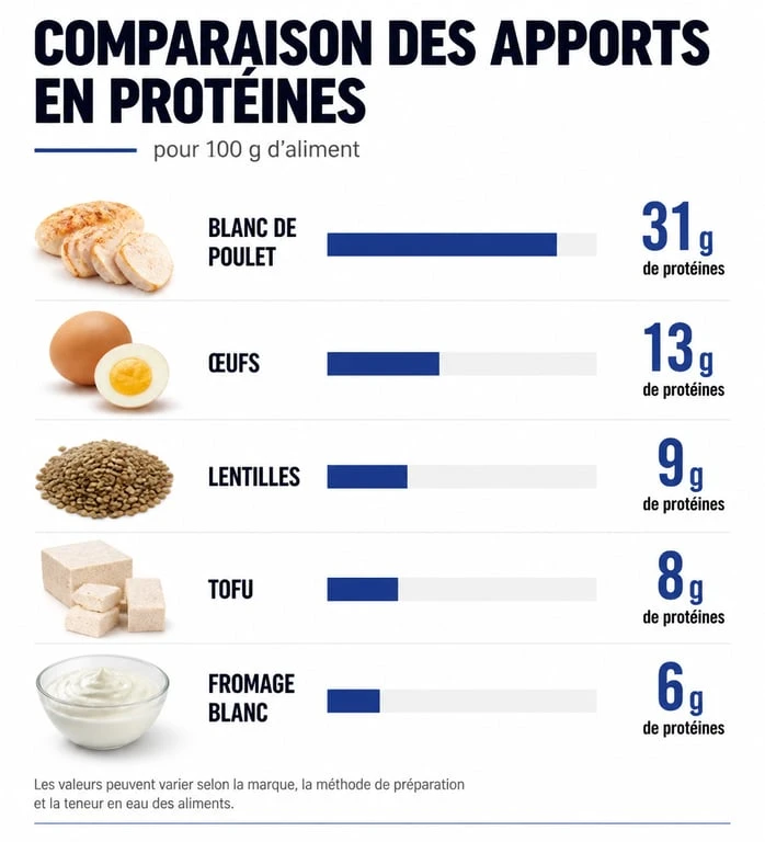 Infographie comparative des sources de protéines animales et végétales pour un repas riche en protéine équilibré
