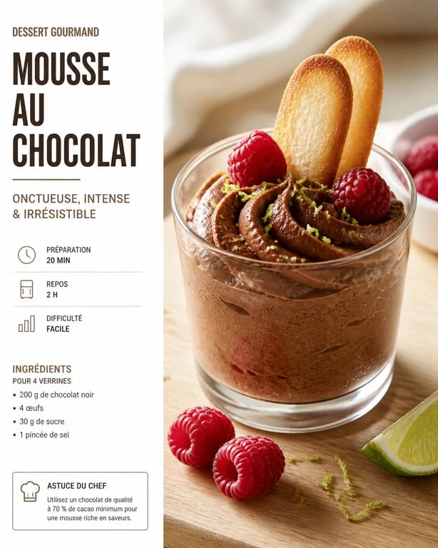 Mousse au chocolat accompagnée de framboises et langues de chat pour un dessert gourmand
