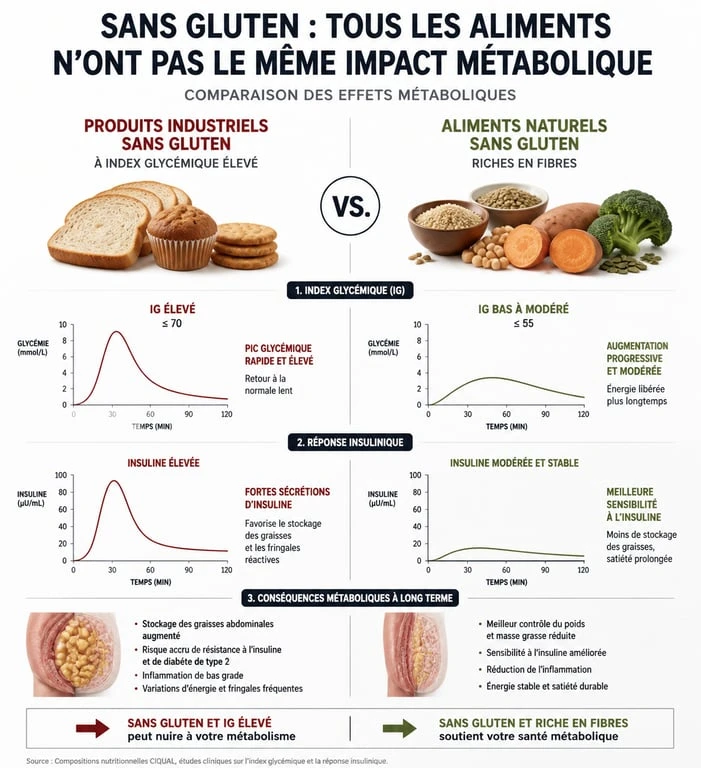 Infographie comparant l'impact sur la perte de poids des produits industriels sans gluten et des aliments naturels sans gluten.