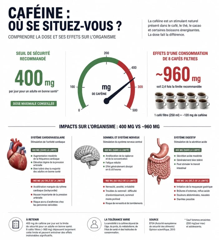 Infographie des risques liés à la consommation de 8 cafés par jour et seuil de sécurité caféine
