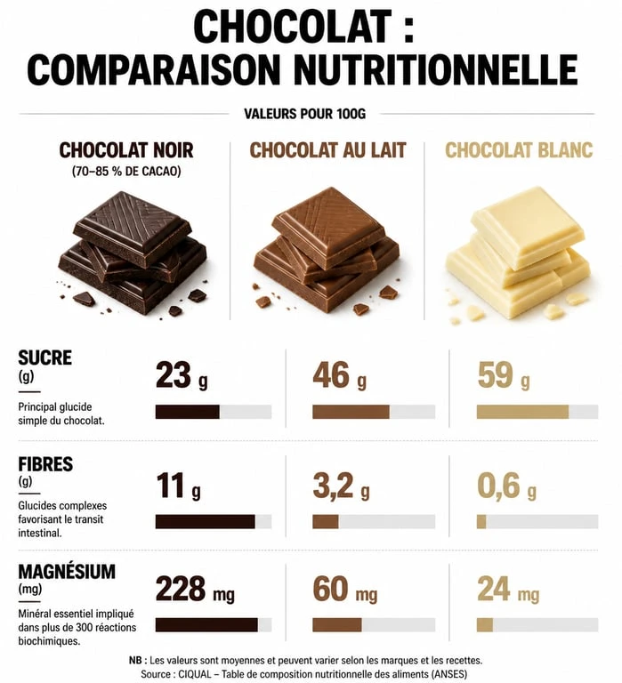 Infographie comparative des apports nutritionnels du chocolat noir, au lait et blanc pour une alimentation équilibrée