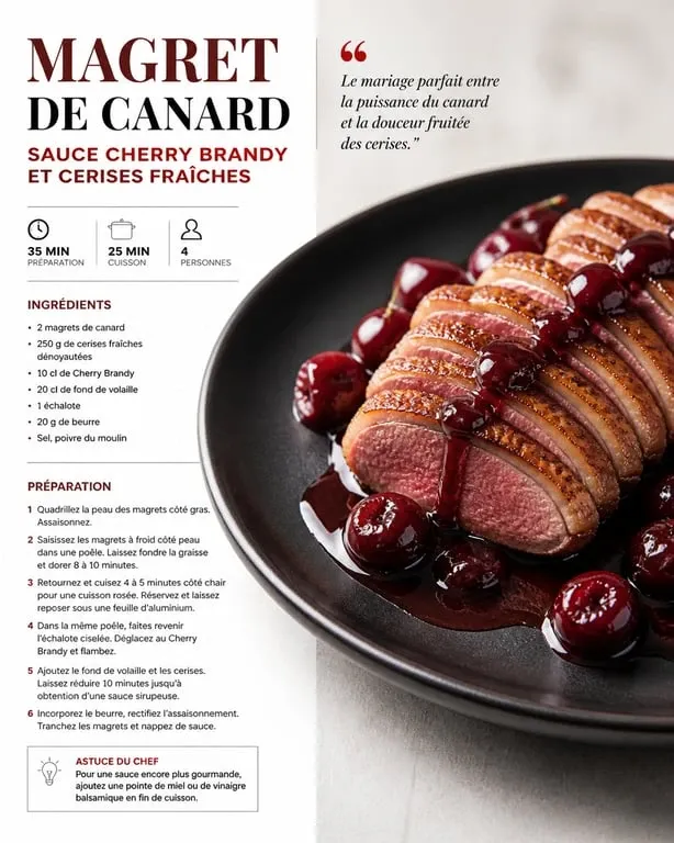 Magret de canard nappé de sauce au Cherry Brandy et cerises