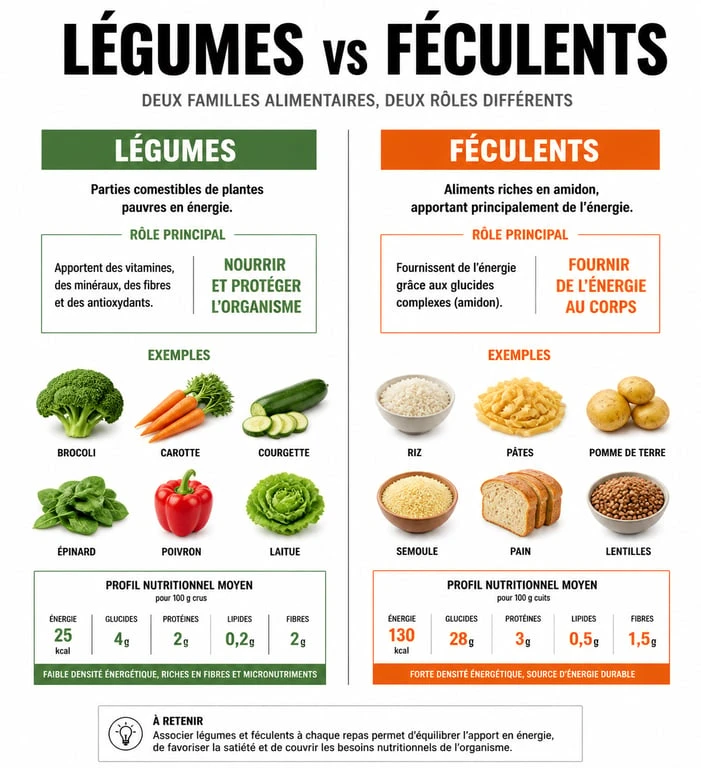 Infographie comparative des légumes et féculents pour une alimentation équilibrée
