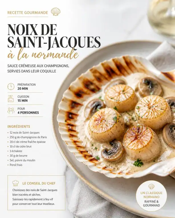 Recette de noix de Saint-Jacques à la normande dressées dans leur coquille