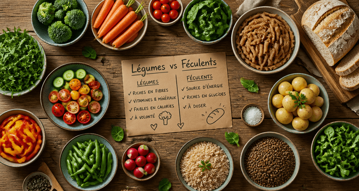 liste des legumes et feculents en bols sur table
