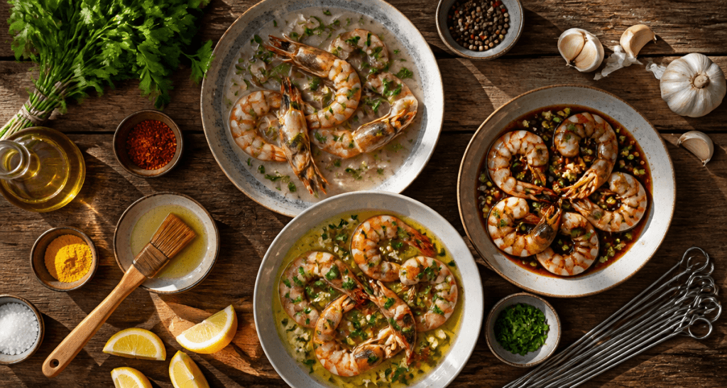 Marinades gambas assiettes variées sur table rustique