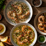 Marinades gambas assiettes variées sur table rustique