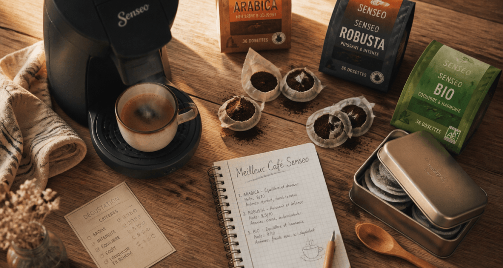 Meilleur café Senseo sur table avec dosettes et machine