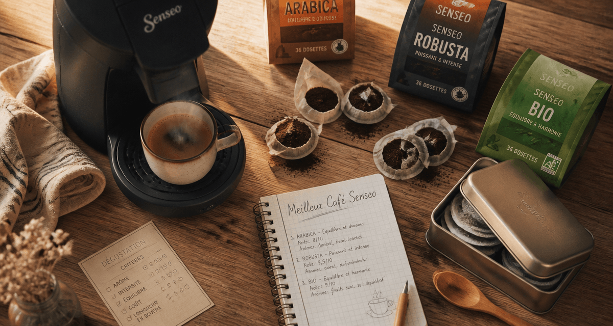 Meilleur café Senseo sur table avec dosettes et machine
