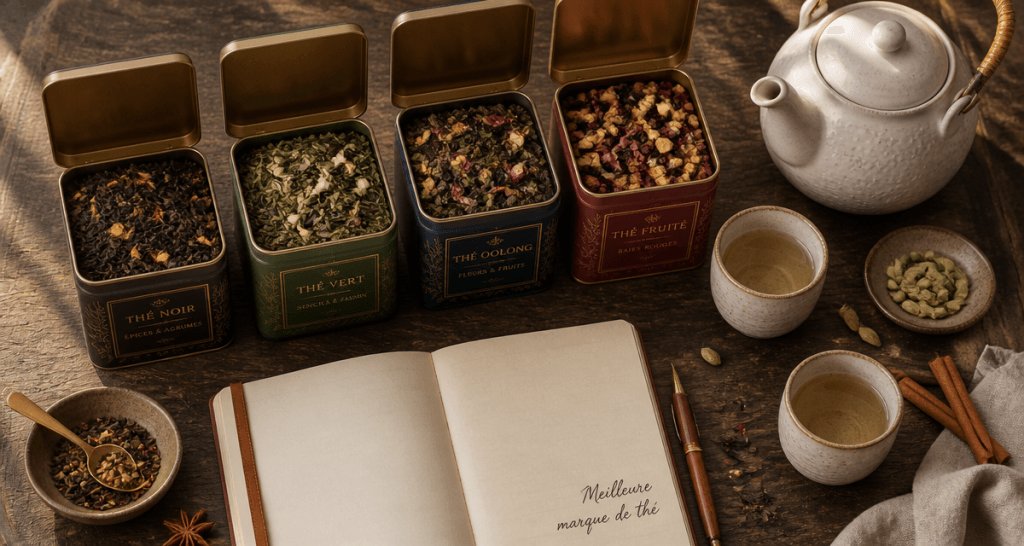 Meilleur marque de thé, boîtes et théière sur table