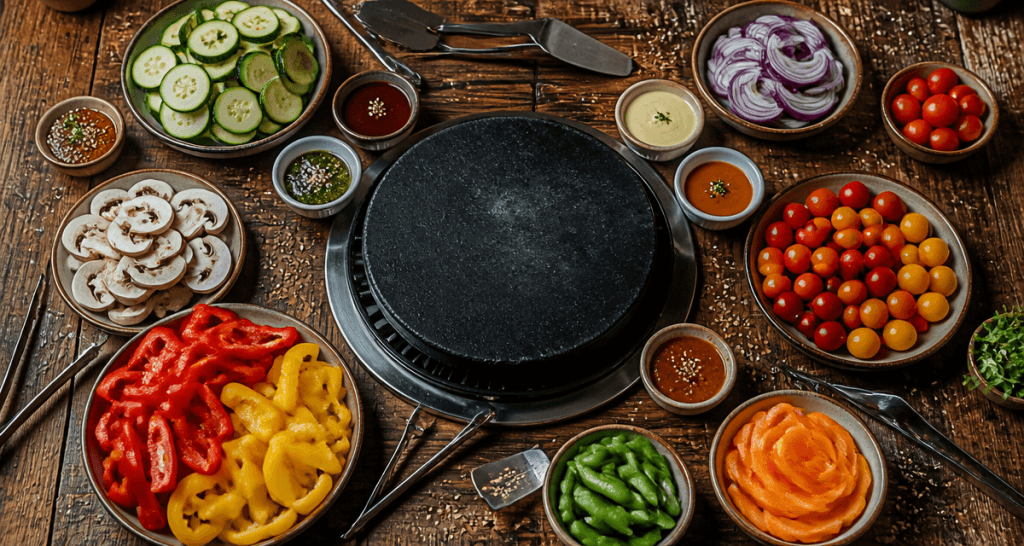pierrade legumes légumes variés sur table
