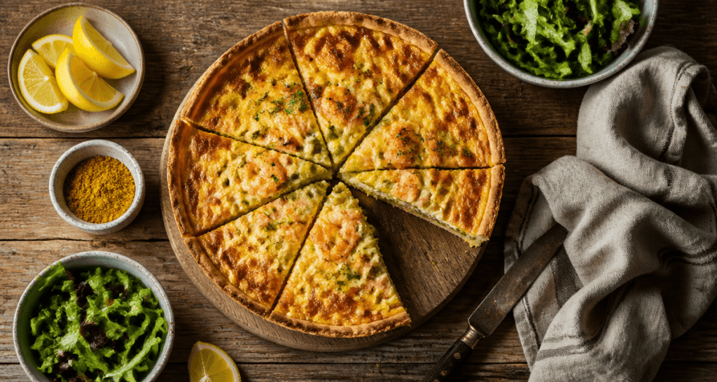 quiches crevettes dorées sur table rustique