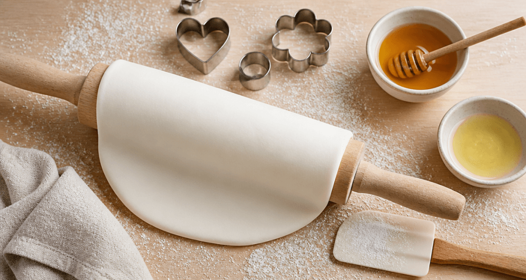recette pâte à sucre sans glucose maison sur plan de travail