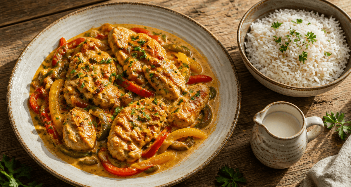 recette poulet poivron en sauce sur assiette rustique