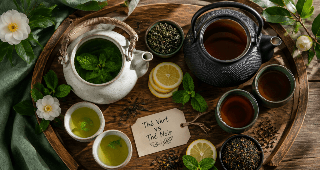 plateau avec the noir ou vert et accessoires