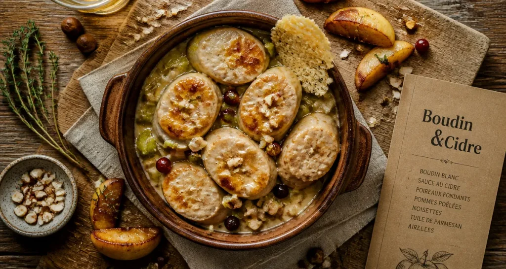 Accompagnement boudin blanc au cidre, poireaux et pommes poêlées