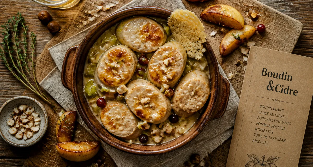 Accompagnement boudin blanc au cidre, poireaux et pommes poêlées