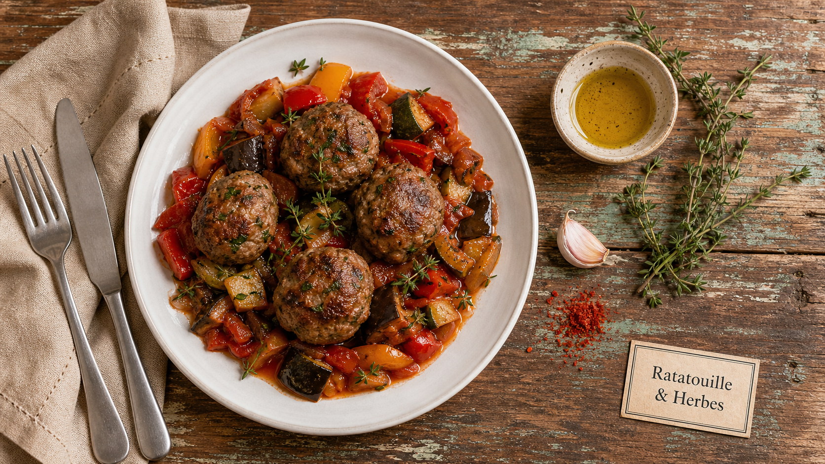 Accompagnement ratatouille : boulettes de bœuf aux herbes sur ratatouille