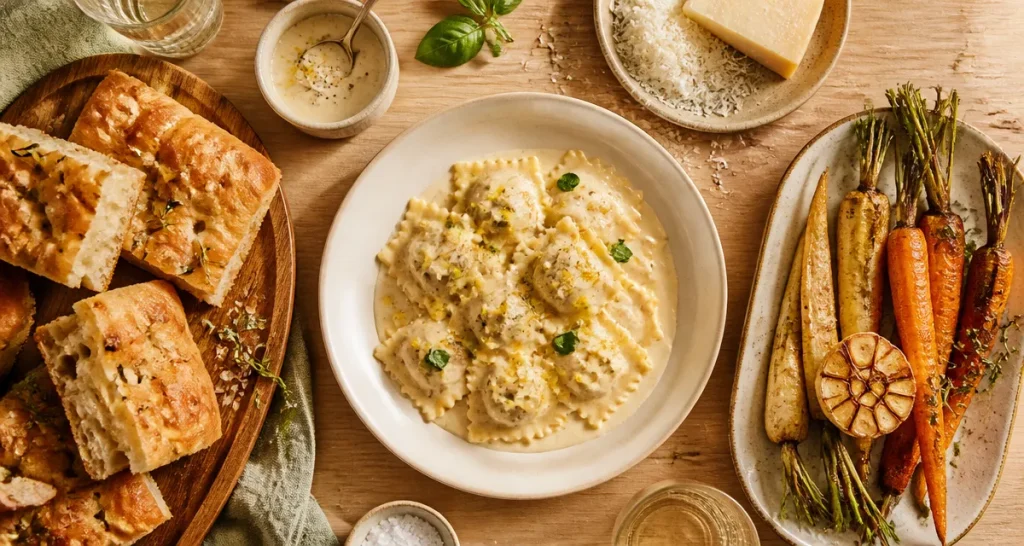 Accompagnement ravioli : raviolis crème parmesan citron, sauces maison et garnitures