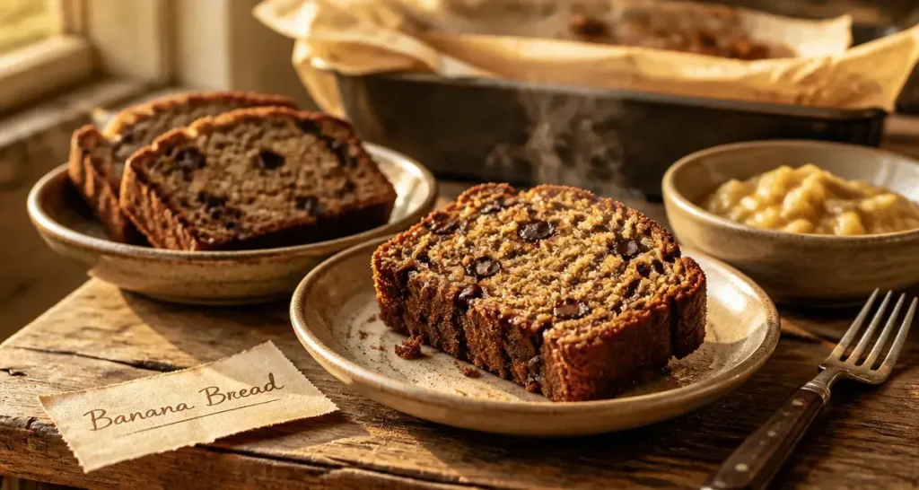 Tranche de banana bread ultra moelleux, mie humide et pépites