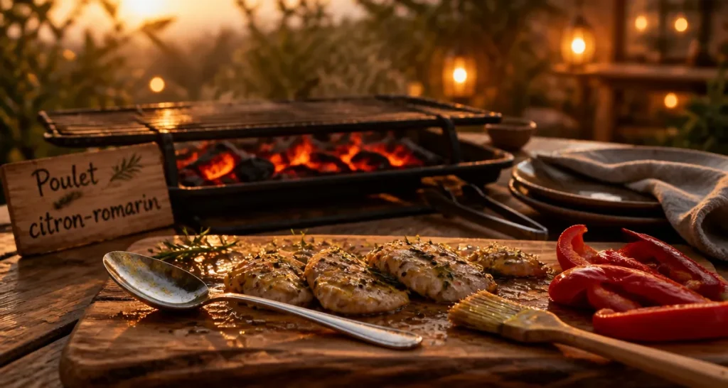 Barbecue entre amis : poulet citron-romarin sur grill, braises et planche bois