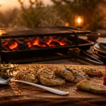 Barbecue entre amis : poulet citron-romarin sur grill, braises et planche bois