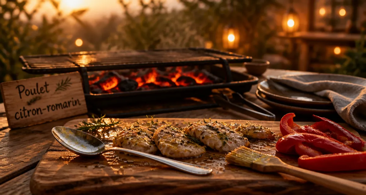 Barbecue entre amis : poulet citron-romarin sur grill, braises et planche bois