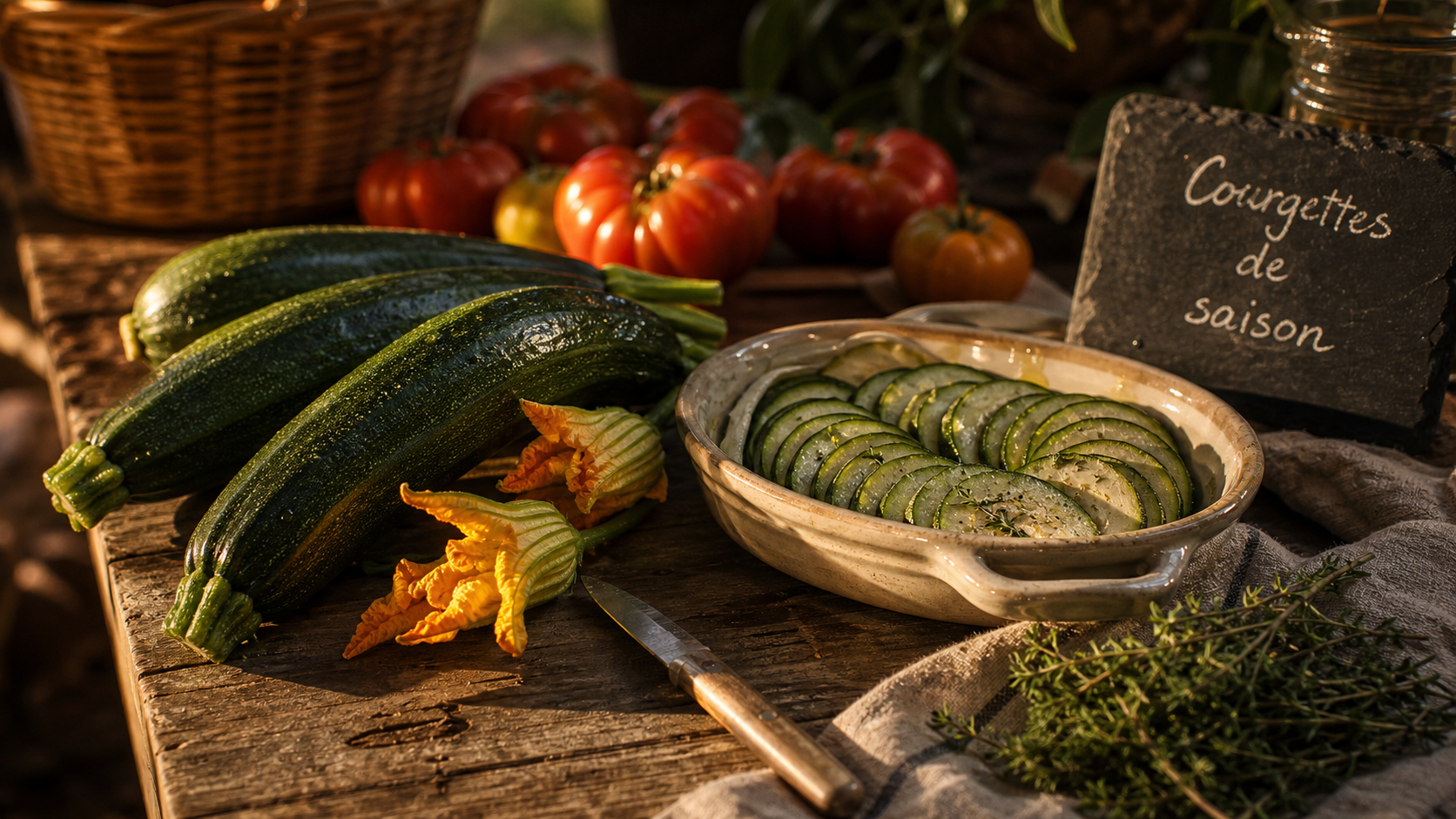 Courgettes saison et fleurs de courgette à la golden hour