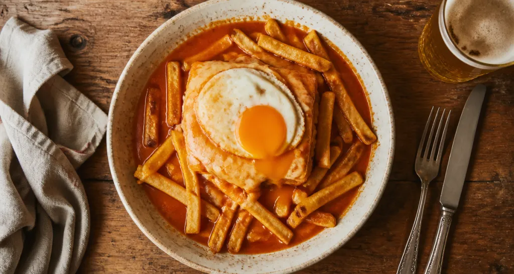 Croque monsieur portugais Francesinha avec sauce et frites