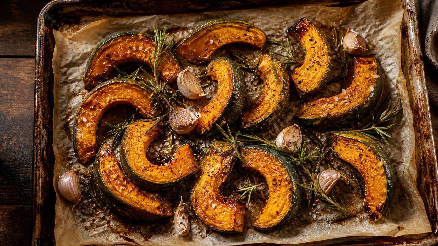 Cuisson potimarron au four : quartiers rôtis caramélisés, romarin et ail