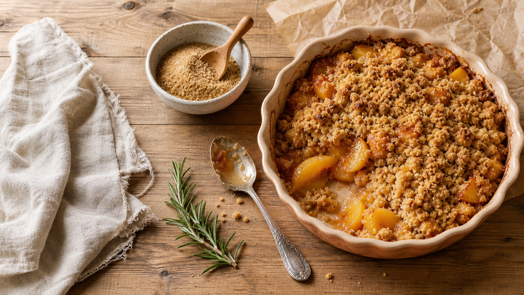 Desserts pêches : crumble pêche-romarin, pêches et croustillant doré