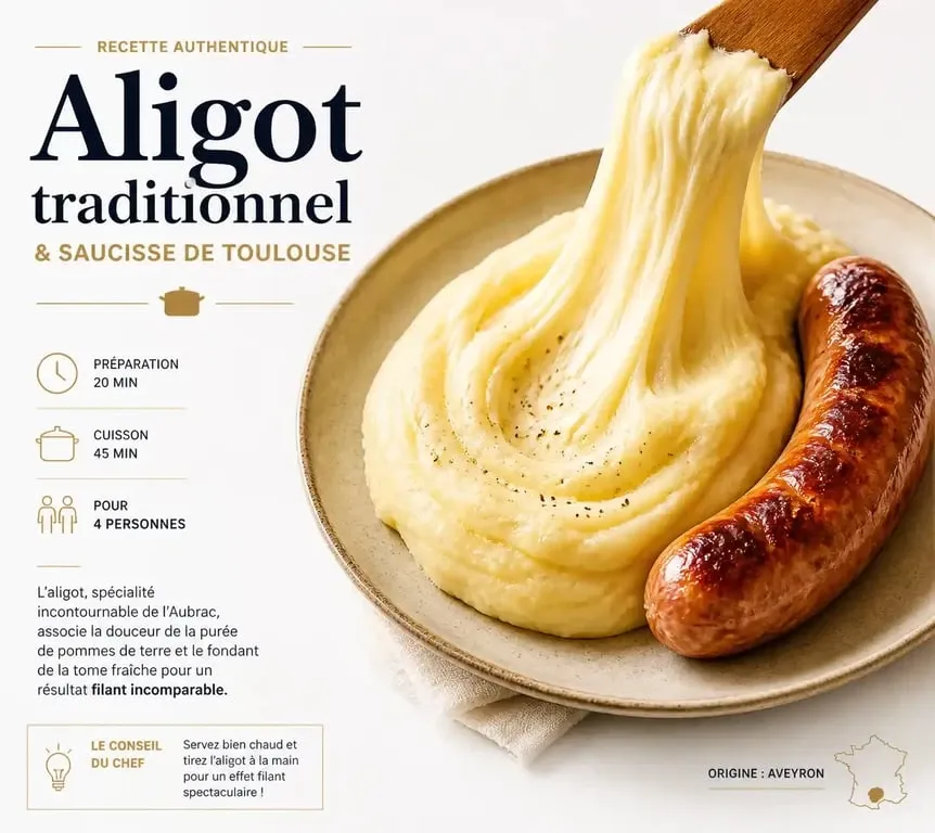 Assiette d'aligot traditionnel et saucisse de Toulouse, l'accompagnement idéal pour un repas convivial.