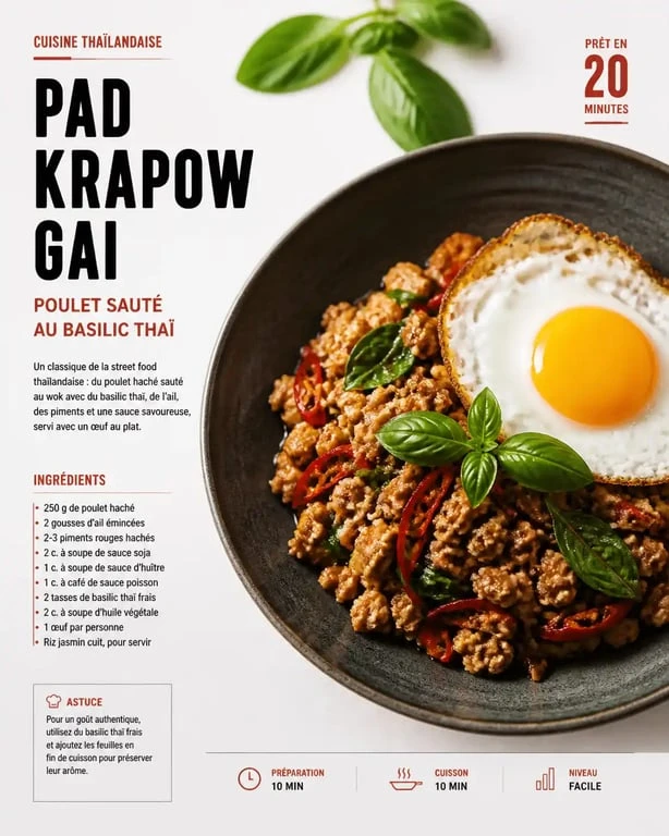 Plat de poulet sauté au basilic thaï (Pad Krapow Gai) servi avec un œuf au plat, une recette traditionnelle thaïlandaise.