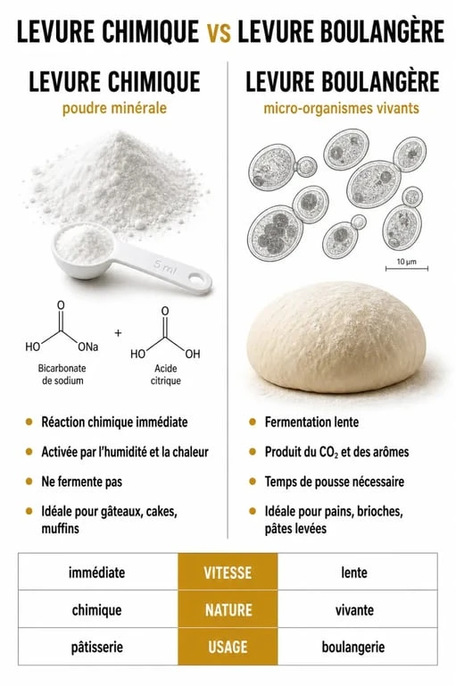 Infographie comparative entre la levure chimique et la levure boulangère pour comprendre leurs différences d'utilisation en cuisine