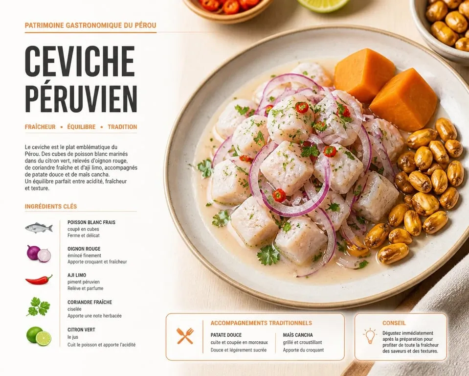 Ceviche péruvien traditionnel avec poisson frais, patate douce et maïs