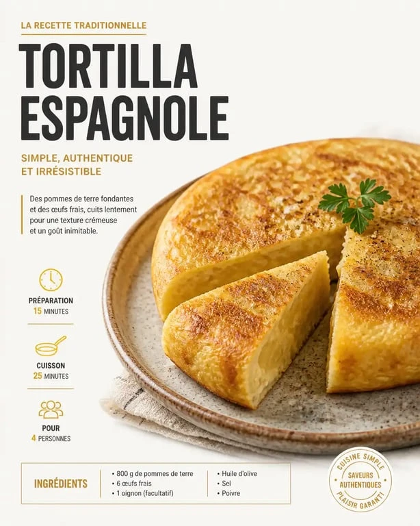 Recette en espagnol tortilla traditionnelle servie dans une assiette