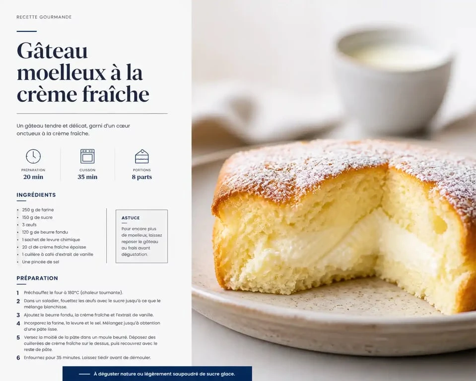 Gâteau moelleux à la crème fraîche, dessert rapide et gourmand