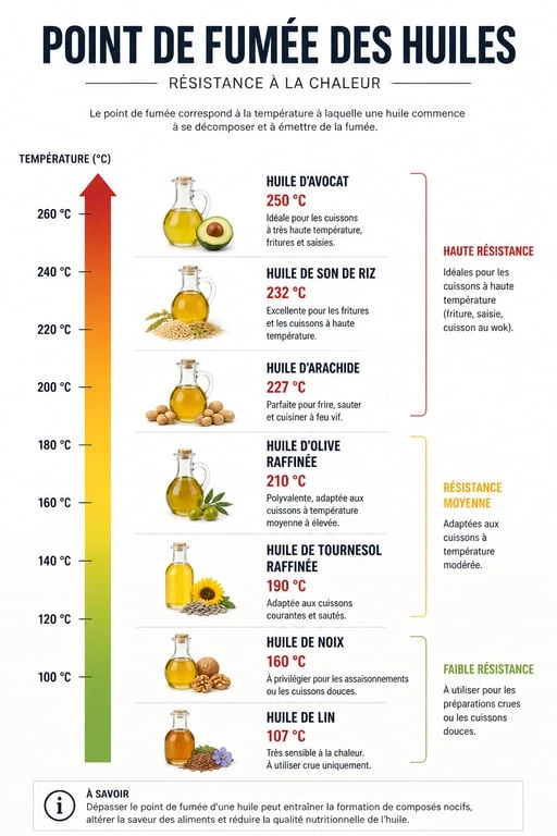 Infographie comparative des points de fumée des huiles de cuisson pour choisir la meilleure huile pour la cuisson