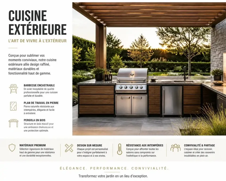 Cuisine extérieure avec barbecue encastrable et plan de travail en pierre dans un jardin aménagé